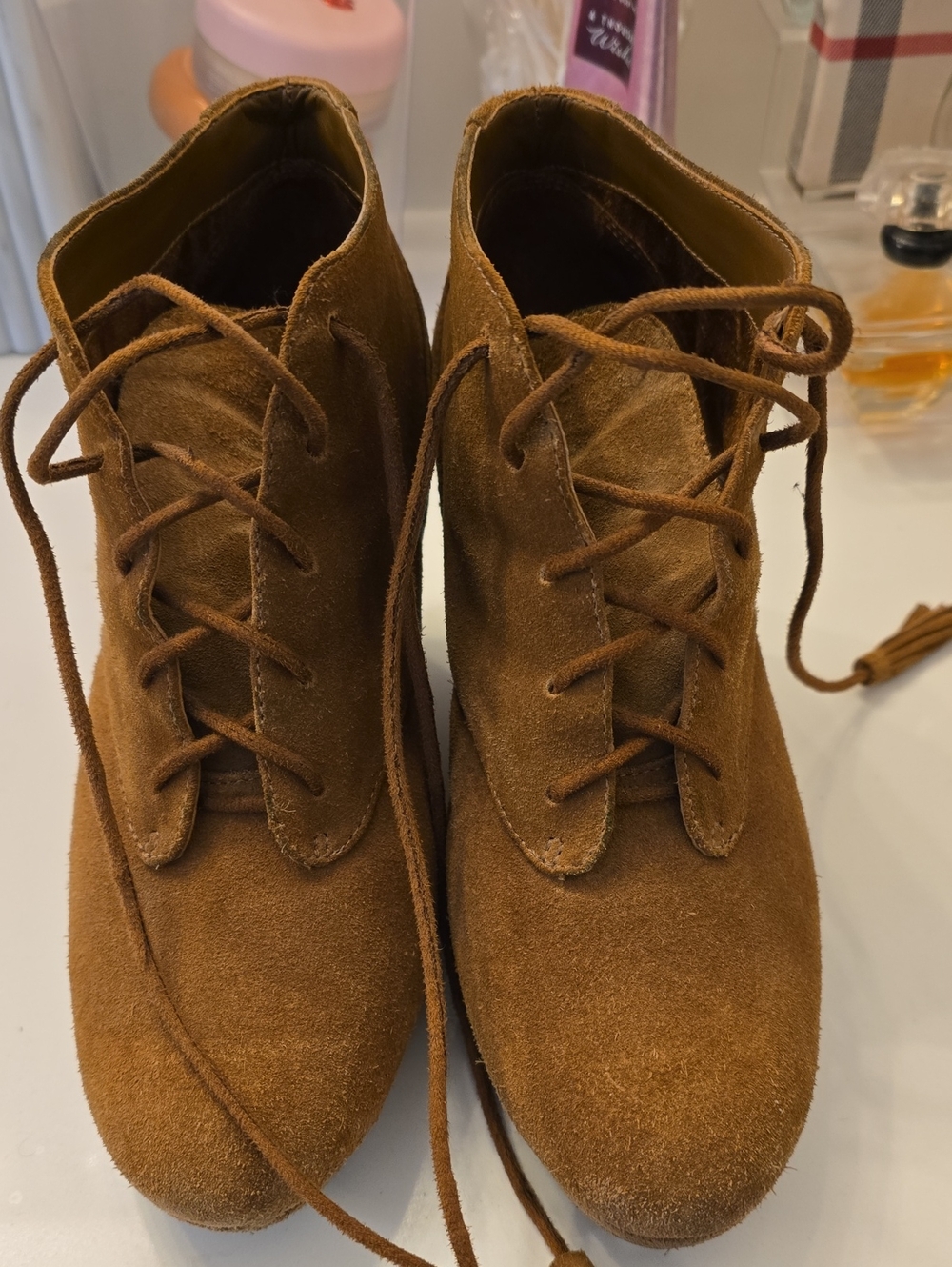 Jessica Simpson Suede Lace-Up Ankle Boots in Chestnut Brown
